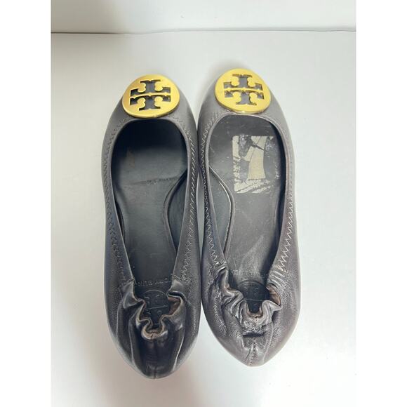 Tory Burch EUC Chocolate Brown Leather Reva Ballet Flats Gold Logo Shoes Size 6 - Picture 3 of 7